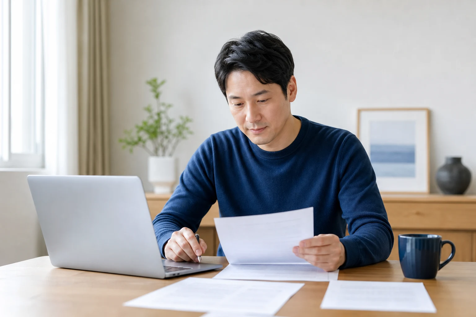 밝은 가정집 식탁에서 노트북과 서류를 보며 개인회생 신청비용을 차분히 검토하는 한국인 남성
